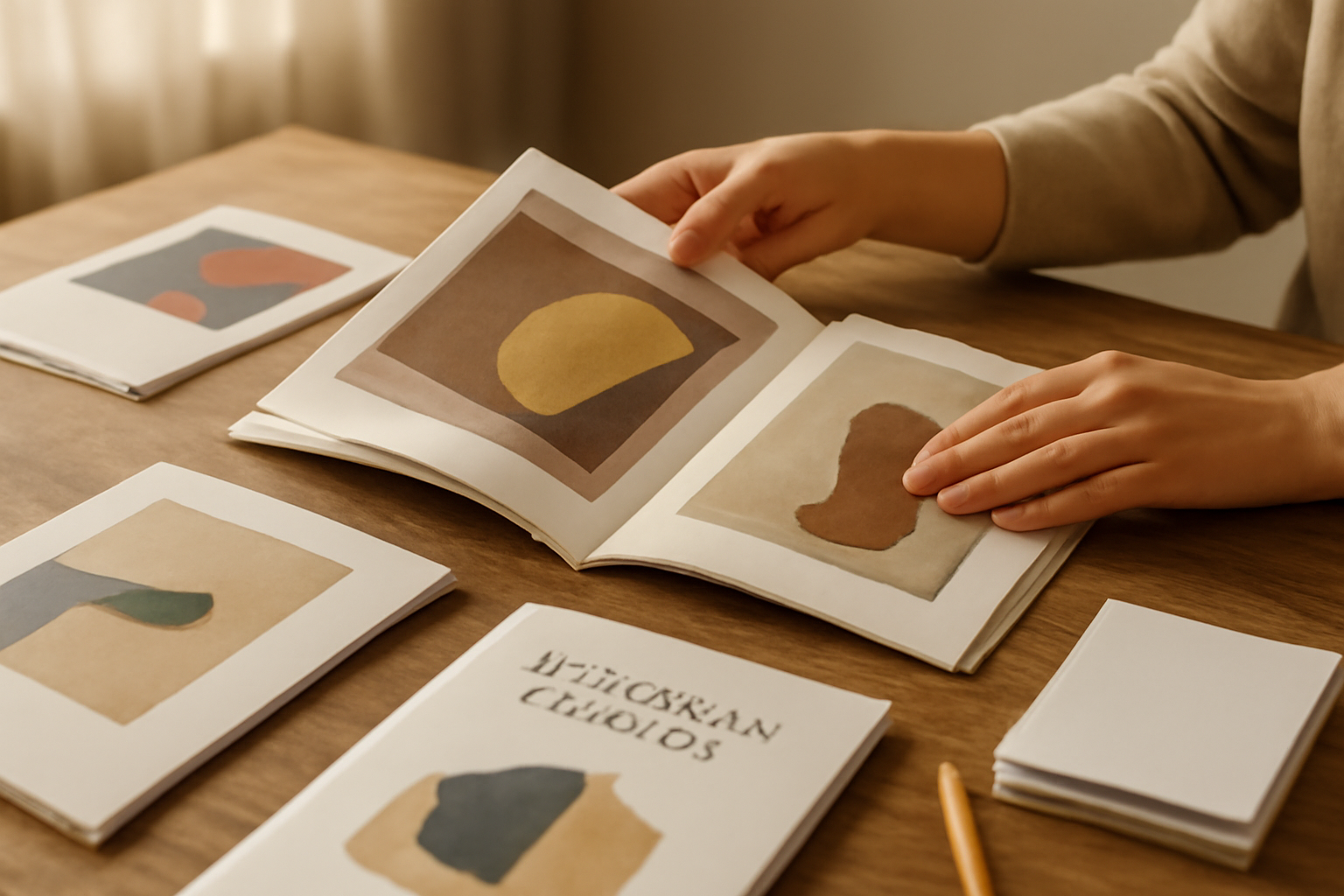 Katalog pameran komunitas terbuka di atas meja kayu dengan tumpukan buku dan pensil di sampingnya