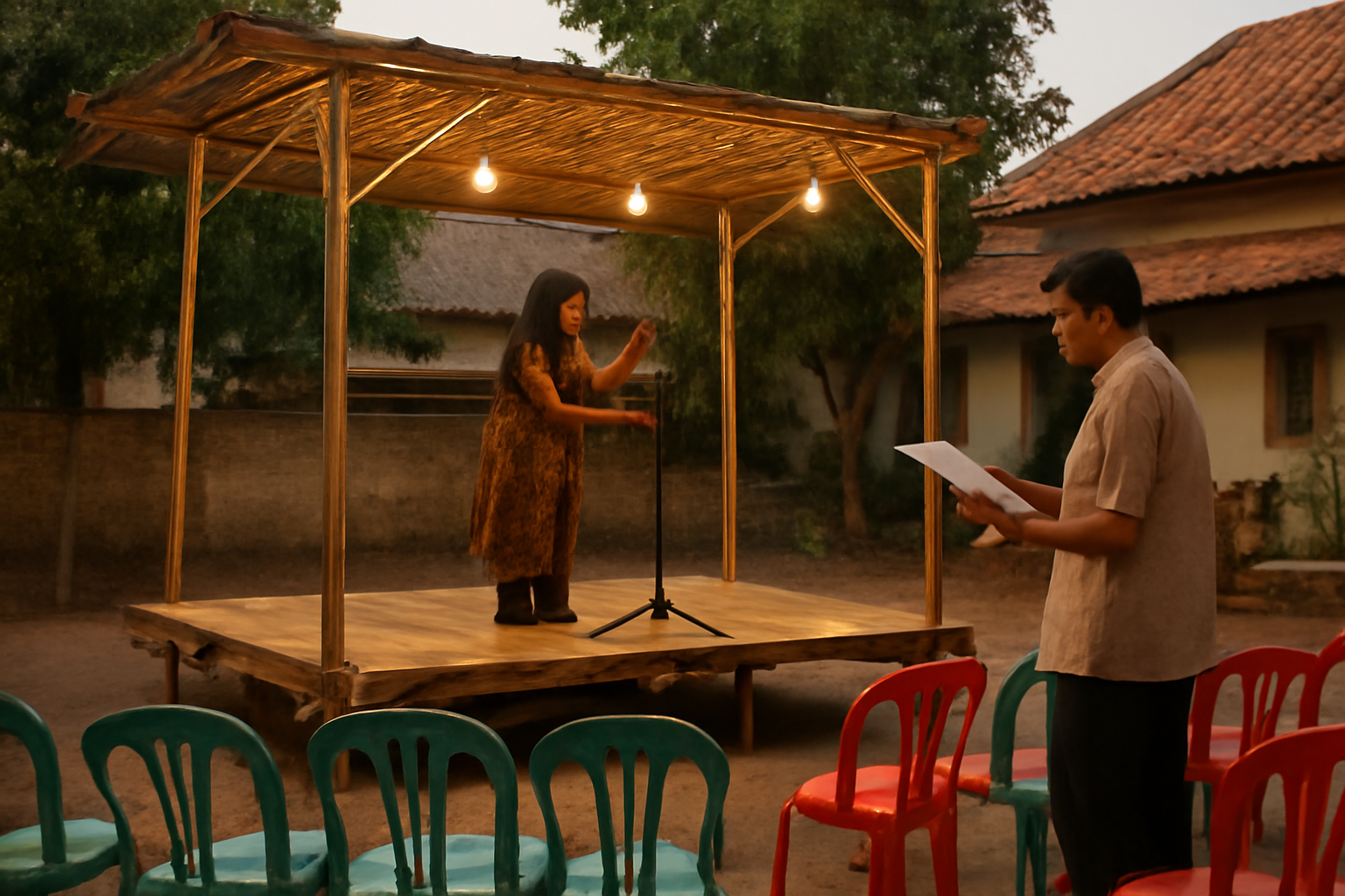 Panitia menyiapkan panggung acara budaya komunitas di halaman terbuka pada sore hari