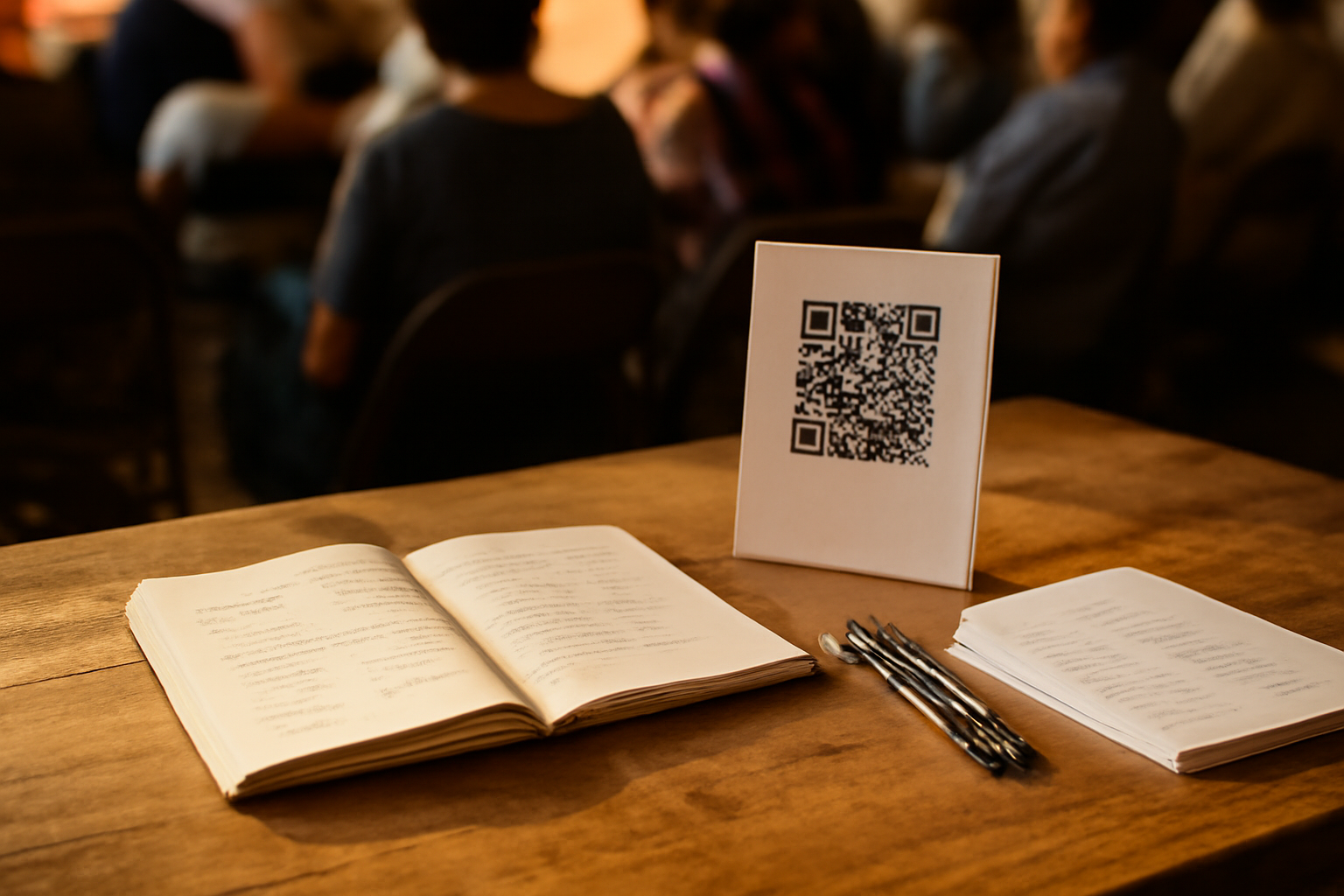 Meja penerimaan tamu dengan buku tamu terbuka dan kode QR cetak di acara budaya komunitas