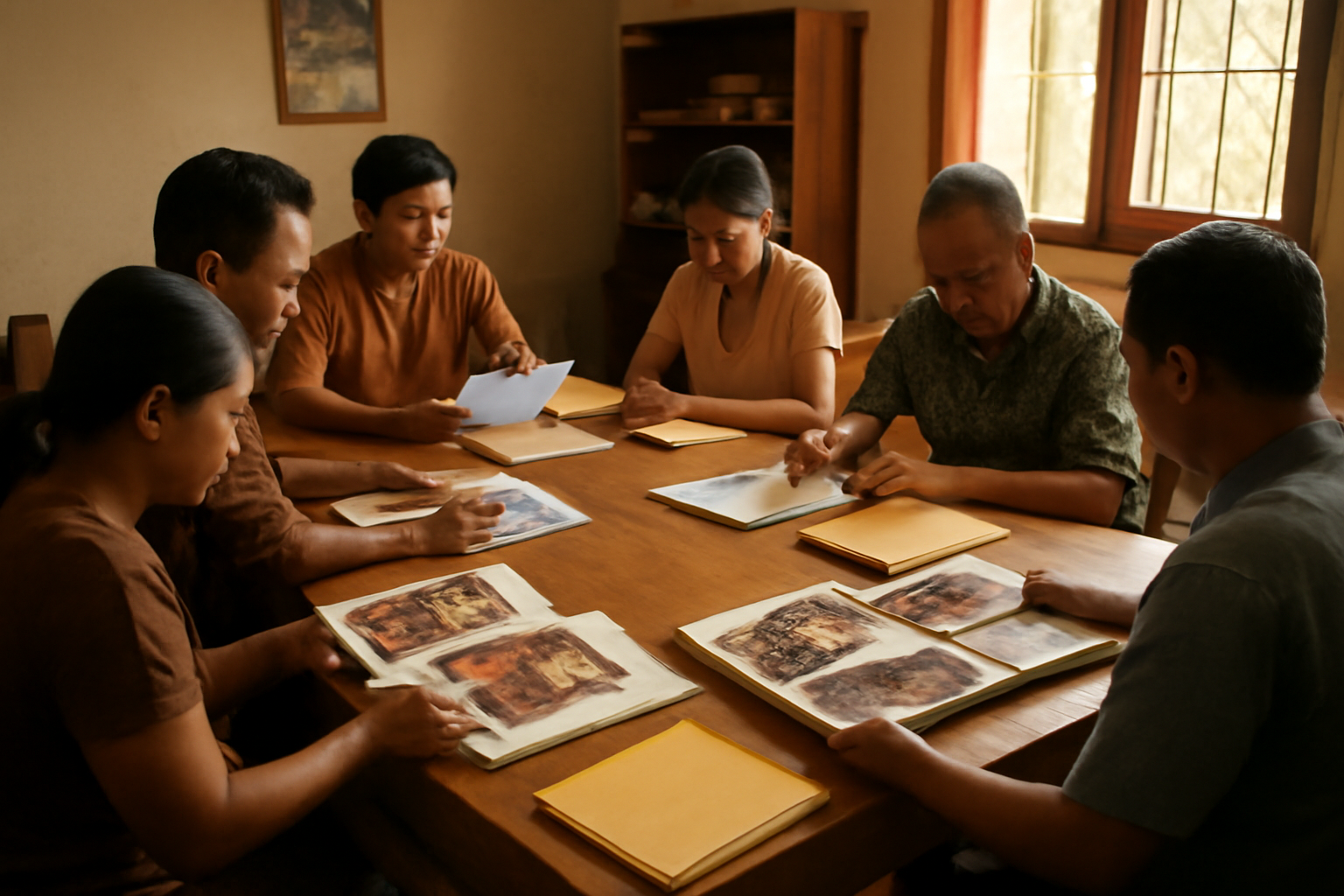 Anggota komunitas budaya menyusun laporan kegiatan di atas meja dengan dokumen dan album foto