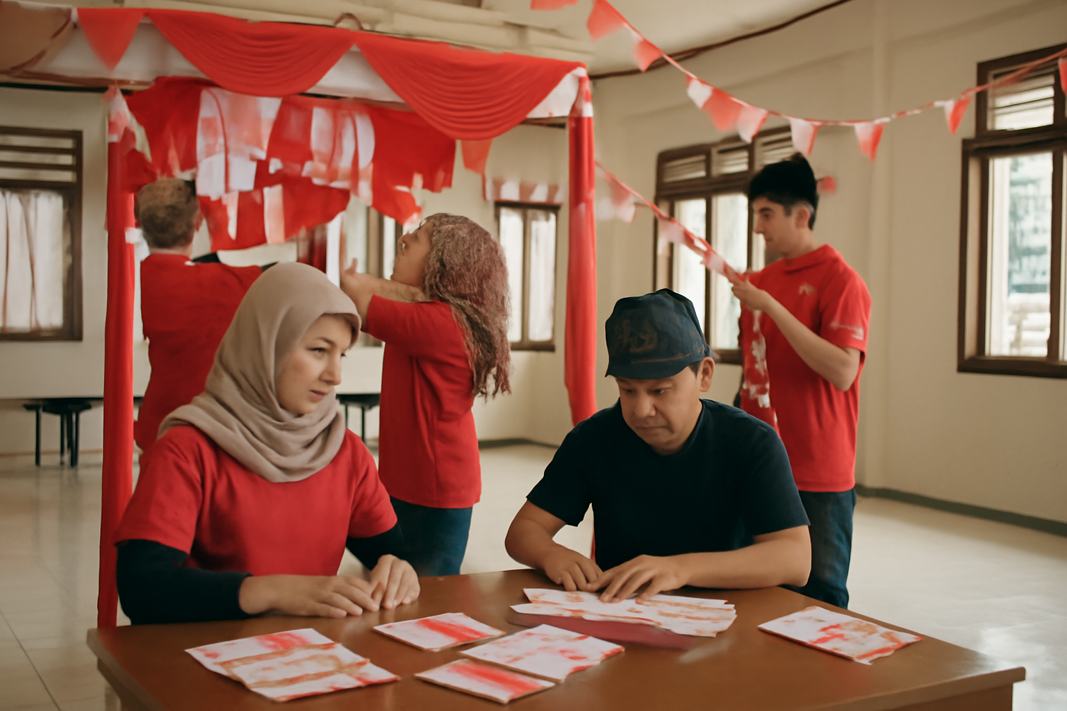 Panitia acara budaya sedang mempersiapkan dekorasi dan perlengkapan di aula komunitas