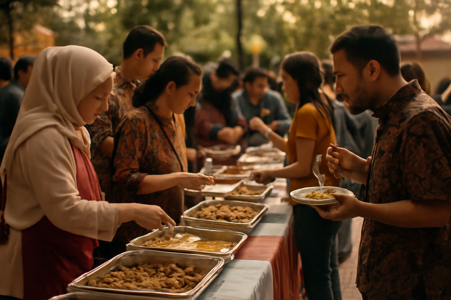 Relawan menyajikan makanan tradisional di meja konsumsi acara budaya komunitas